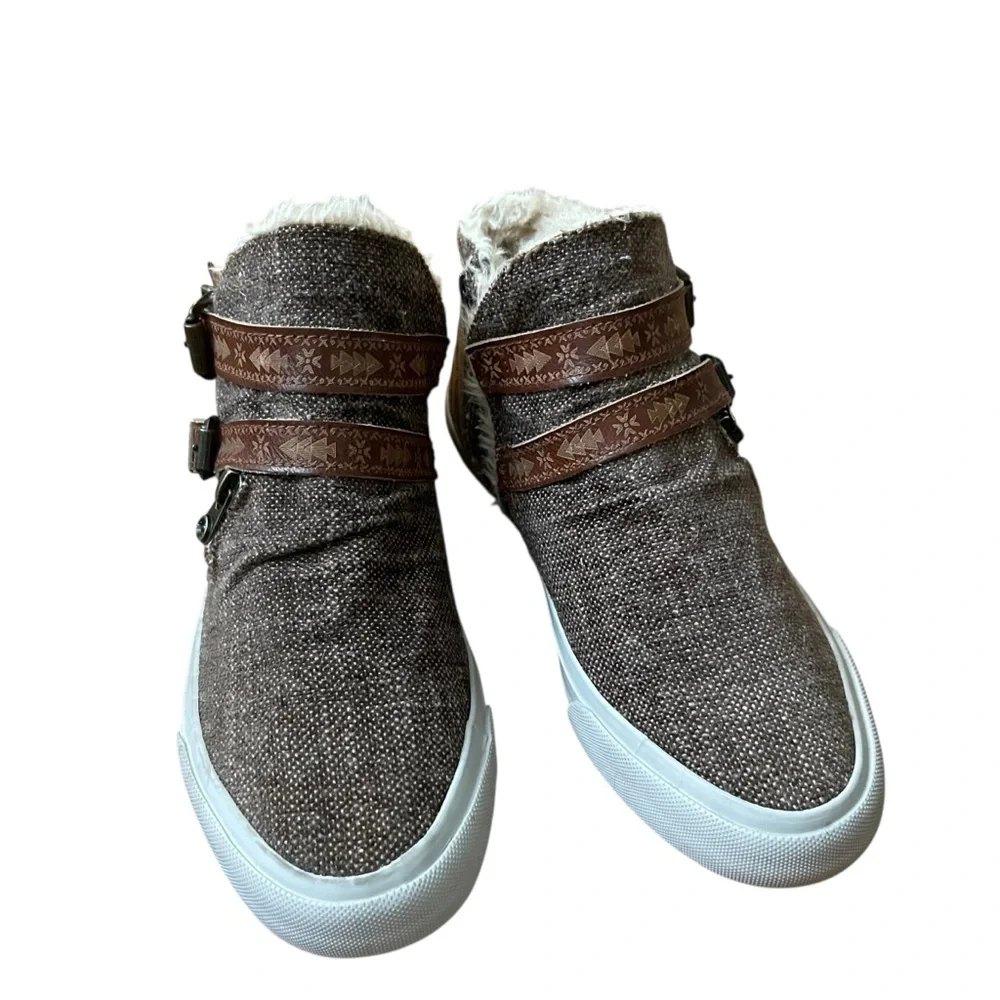 Blowfish Malibu Brown Faux Fur High Top Sneakers Buckle Zip Slip-On Shoes